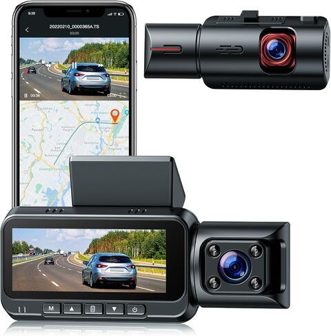 2 Channel Dash Cam 4k with Wi-Fi GPS, 2K+1080P Dual Dashcam Front and Rear Inside, Wireless Dual Dash Camera for Car with WDR IR Night Vision, 170° Wide Angle Record, 24hr Parking Monitor in Kuwait