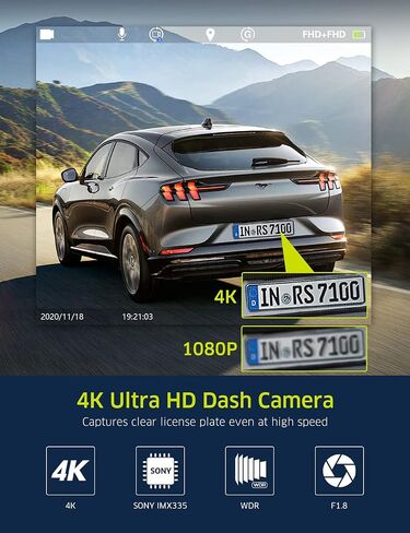 2 Channel Dash Cam 4k with Wi-Fi GPS, 2K+1080P Dual Dashcam Front and Rear Inside, Wireless Dual Dash Camera for Car with WDR IR Night Vision, 170° Wide Angle Record, 24hr Parking Monitor in Kuwait