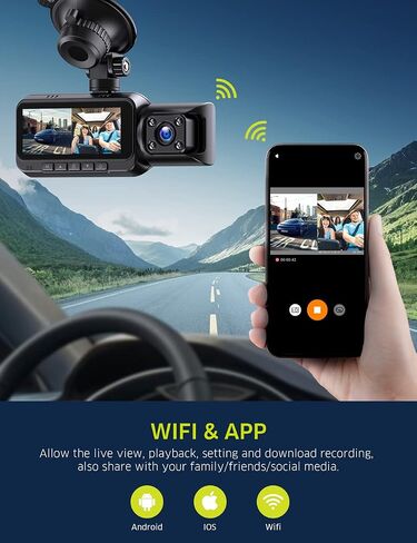 2 Channel Dash Cam 4k with Wi-Fi GPS, 2K+1080P Dual Dashcam Front and Rear Inside, Wireless Dual Dash Camera for Car with WDR IR Night Vision, 170° Wide Angle Record, 24hr Parking Monitor in Kuwait