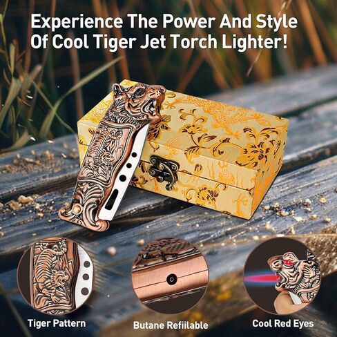ولاعة شعلة النمر الرائعة مع لهب نفاث مقاوم للرياح، ولاعة غاز البيوتان القابلة لإعادة الملء للشموع، والسفر، والتخييم، والهواء الطلق، ولاعة رائعة مع صندوق هدايا للرجال in Kuwait