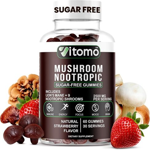 Mushroom Gummies - Sugar-Free Strawberry Mushroom Supplement Gummies - 10 Mushroom Complex Blend - Lions Mane, Cordyceps, Reishi, Chaga - Focus, Energy, Mood & Brain Support - 30 Servings in Saudi Arabia
