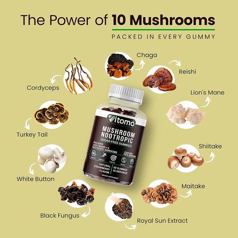 Mushroom Gummies - Sugar-Free Strawberry Mushroom Supplement Gummies - 10 Mushroom Complex Blend - Lions Mane, Cordyceps, Reishi, Chaga - Focus, Energy, Mood & Brain Support - 30 Servings in Saudi Arabia
