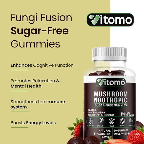 Mushroom Gummies - Sugar-Free Strawberry Mushroom Supplement Gummies - 10 Mushroom Complex Blend - Lions Mane, Cordyceps, Reishi, Chaga - Focus, Energy, Mood & Brain Support - 30 Servings in Saudi Arabia