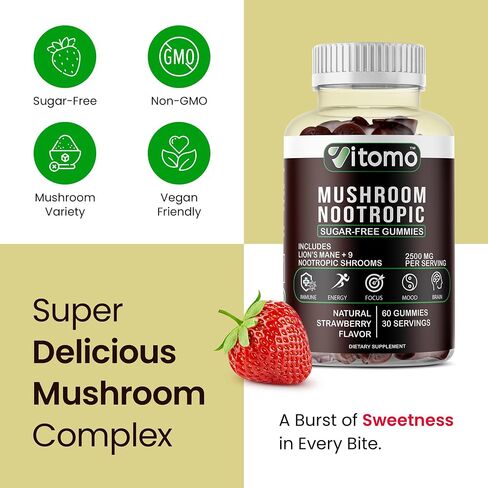 Mushroom Gummies - Sugar-Free Strawberry Mushroom Supplement Gummies - 10 Mushroom Complex Blend - Lions Mane, Cordyceps, Reishi, Chaga - Focus, Energy, Mood & Brain Support - 30 Servings in Saudi Arabia