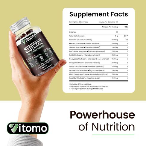 Mushroom Gummies - Sugar-Free Strawberry Mushroom Supplement Gummies - 10 Mushroom Complex Blend - Lions Mane, Cordyceps, Reishi, Chaga - Focus, Energy, Mood & Brain Support - 30 Servings in Saudi Arabia