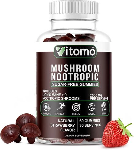 Mushroom Gummies - Sugar-Free Strawberry Mushroom Supplement Gummies - 10 Mushroom Complex Blend - Lions Mane, Cordyceps, Reishi, Chaga - Focus, Energy, Mood & Brain Support - 30 Servings in Saudi Arabia