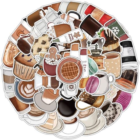 50 ورقة من ملصقات القهوة المقاومة للماء للكمبيوتر المحمول والثلاجة ولوح التزلج والجيتار والهاتف الخلوي وسجل القصاصات ملصقات الفينيل للأطفال والمراهقين والبالغين ملصقات جمالية لزجاجة المياه (القهوة) in Kuwait