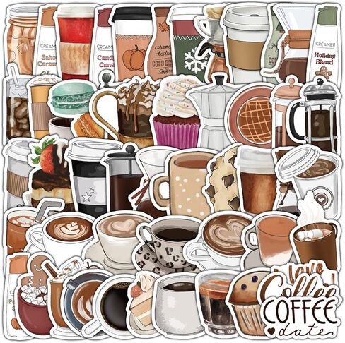 50 ورقة من ملصقات القهوة المقاومة للماء للكمبيوتر المحمول والثلاجة ولوح التزلج والجيتار والهاتف الخلوي وسجل القصاصات ملصقات الفينيل للأطفال والمراهقين والبالغين ملصقات جمالية لزجاجة المياه (القهوة) in Kuwait