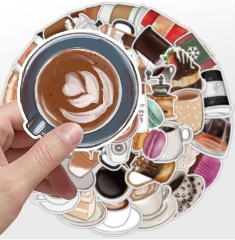 50 ورقة من ملصقات القهوة المقاومة للماء للكمبيوتر المحمول والثلاجة ولوح التزلج والجيتار والهاتف الخلوي وسجل القصاصات ملصقات الفينيل للأطفال والمراهقين والبالغين ملصقات جمالية لزجاجة المياه (القهوة) in Kuwait