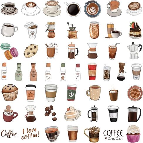 50 ورقة من ملصقات القهوة المقاومة للماء للكمبيوتر المحمول والثلاجة ولوح التزلج والجيتار والهاتف الخلوي وسجل القصاصات ملصقات الفينيل للأطفال والمراهقين والبالغين ملصقات جمالية لزجاجة المياه (القهوة) in Kuwait