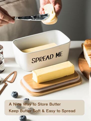 Gomakren Butter Dish Ceramic Butter Dish with Lid for Countertop, Airtight Covered Butter Container with Wooden Lid, Large Butter Keeper for Counter or Fridge, Suit for East West Coast Butter, Black in Kuwait