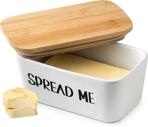 Gomakren Butter Dish Ceramic Butter Dish with Lid for Countertop, Airtight Covered Butter Container with Wooden Lid, Large Butter Keeper for Counter or Fridge, Suit for East West Coast Butter, Black in Kuwait