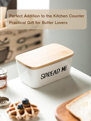 Gomakren Butter Dish Ceramic Butter Dish with Lid for Countertop, Airtight Covered Butter Container with Wooden Lid, Large Butter Keeper for Counter or Fridge, Suit for East West Coast Butter, Black in Kuwait