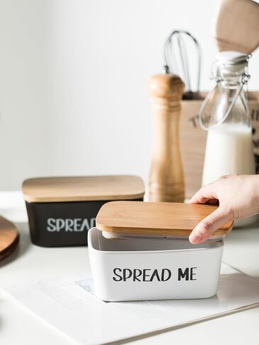 Gomakren Butter Dish Ceramic Butter Dish with Lid for Countertop, Airtight Covered Butter Container with Wooden Lid, Large Butter Keeper for Counter or Fridge, Suit for East West Coast Butter, Black in Kuwait