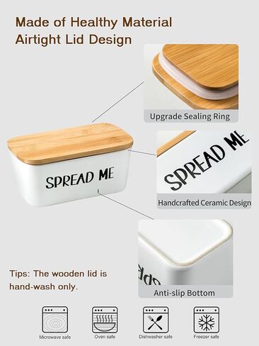 Gomakren Butter Dish Ceramic Butter Dish with Lid for Countertop, Airtight Covered Butter Container with Wooden Lid, Large Butter Keeper for Counter or Fridge, Suit for East West Coast Butter, Black in Kuwait