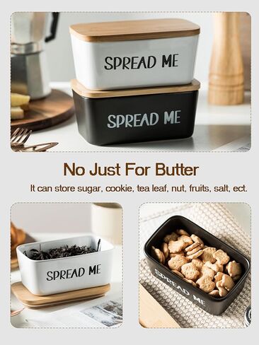 Gomakren Butter Dish Ceramic Butter Dish with Lid for Countertop, Airtight Covered Butter Container with Wooden Lid, Large Butter Keeper for Counter or Fridge, Suit for East West Coast Butter, Black in Kuwait