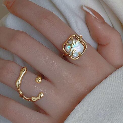 Vintage Pearl Ring for Women Adjustable Open Pearl Ring Stacking Pearl Cluster Rings Trendy Personality Pearl Statement Ring Sets Jewelry for Women Girls in Saudi Arabia