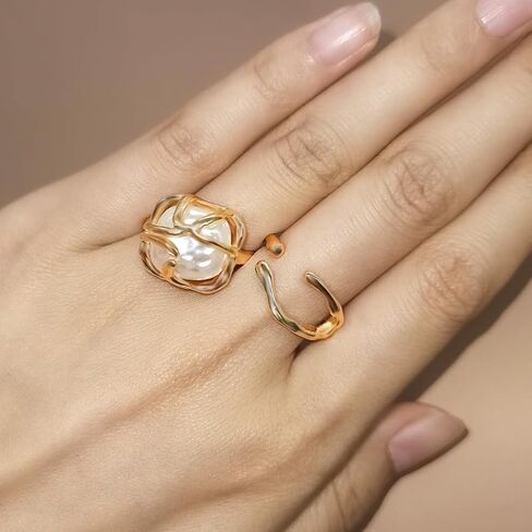 Vintage Pearl Ring for Women Adjustable Open Pearl Ring Stacking Pearl Cluster Rings Trendy Personality Pearl Statement Ring Sets Jewelry for Women Girls in Saudi Arabia