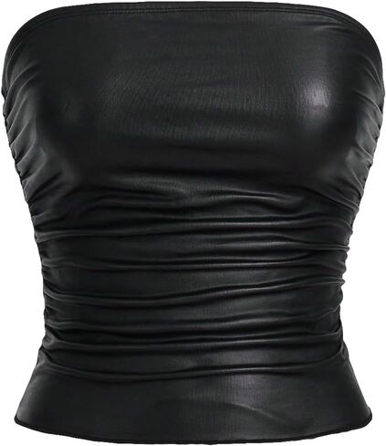 SOLY HUX Women's PU Leather Ruched Tube Top Strapless Sexy Party Clubwear Tops Going Out Streetwear in Saudi Arabia