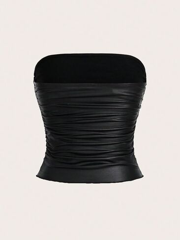 SOLY HUX Women's PU Leather Ruched Tube Top Strapless Sexy Party Clubwear Tops Going Out Streetwear in Saudi Arabia