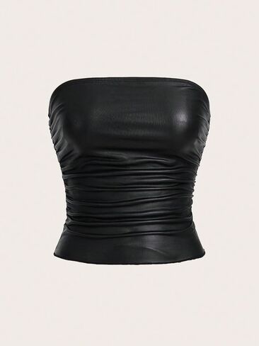 SOLY HUX Women's PU Leather Ruched Tube Top Strapless Sexy Party Clubwear Tops Going Out Streetwear in Saudi Arabia