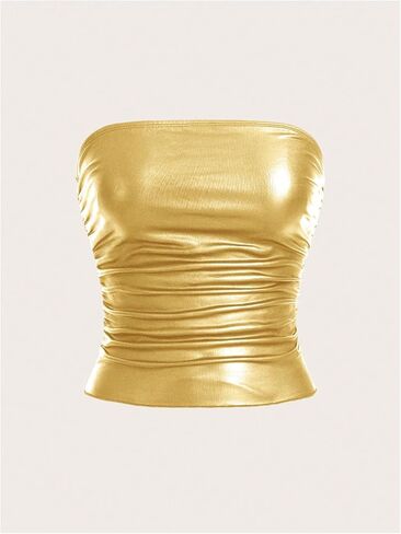 SOLY HUX Women's PU Leather Ruched Tube Top Strapless Sexy Party Clubwear Tops Going Out Streetwear in Saudi Arabia