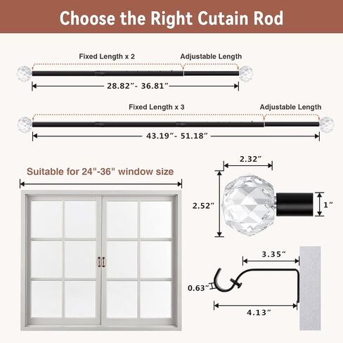 KNOBWELL Matte Black Curtain Rods 2 Pack Drapery Rods, Adjustable Curtain Rods 28 to 51" for Windows with Acrylic Diamond Finials, Industrial Curtain Rods for Home Decor 1" Diameter in Saudi Arabia