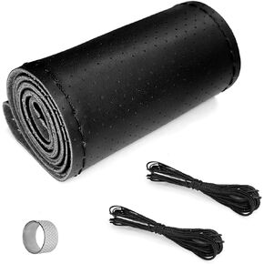 Leather Steering Wheel Cover Wrap, Stitch on Lace Up, Universal 15 Inch Breathable Anti-Slip DIY Hand Sewn Car Steering Wheel Protector with Needle Thread kit(Black, Glossy)