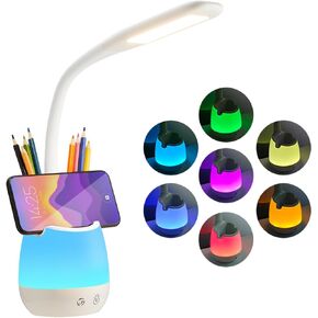 Donewin LED Desk Lamp with USB Charging Port&Pen Holder, Study Light with Clock, Kawaii Desk Accessories, Study Lamp for Kids/Girls/Boys,Desk Light for Office/Reading, Colorful Night Light,10W