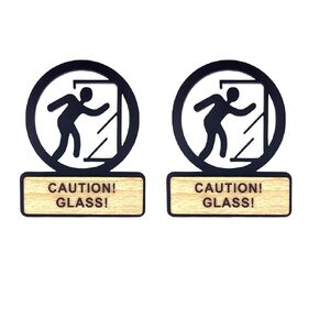2 Pack Caution Glass Signs - 3D Acrylic Caution glass Sign Graphics - Ideal for Clear Glass Door in Businesses Public Places - 3.9" × 4.7" Self Adhesive Caution Glass Warning Sign, Safety Warning Sign