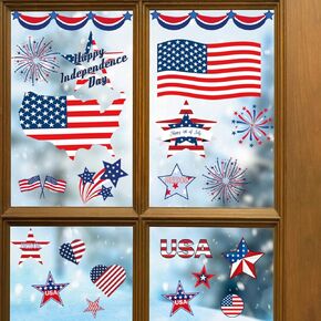 4th of July Window Stickers White Blue Red Window Clings Independence Day Window Decoration for Glass Window Patriotic Day Window Decals Static Cling American Flag Star Window Film Supplies 9PCS