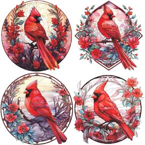 4Pcs Cardinal Window Stickers,Cardinal Self-Adhesive Glass Windows Stickers for Birds Lover,Window Clings with Cardinal for Home Decor Christmas Birthday Gift