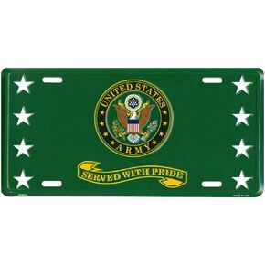 U.S. Army Metal Front License Plate Served with Pride for Retired Veteran, 6x12 inch, USA Auto Tag for Car, Truck, RV, Trailer