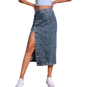 Women's High Waisted Slit Button up Midi Jean Skirt High Split Casual Denim Long Skirts