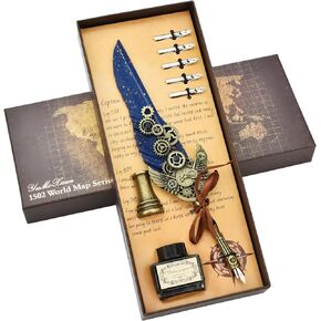 Hethrone Quill Pen and Ink Set - Feather Pen Set Includes Calligraphy Dip Pen with Ink, Pen Holder and 5 Replacement Nibs Ideal Holiday Gifts (Navy)