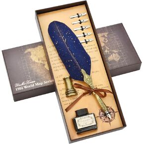 Hethrone Quill Pen and Ink Set - Calligraphy Pen Set Includes Feather Pen with Ink, Pen Holder and 5 Replacement Nibs for Writing Letters, Signing, Invitations (Navy)