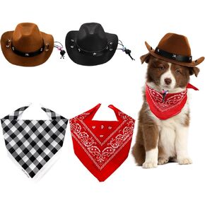 4 Pack Pet Cowboy Costume Accessories Set, 2 Pcs Cowboy Hat and 2 Pcs Bandana Scarf, Puppy Kitten Halloween Christmas Costume, West Cowboy Accessories Party Cosplay Wearing for Cats Small Dogs