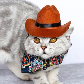 KUDES 2 Pieces Funny Pet Costume Accessories Set, Cat Small Dog Cowboy Hat with Adjustable Elastic Chin Strap and Bandana for Birthday Christmas Halloween Holiday Party Cosplay and Daily Wearing
