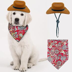 KUDES 2 Pieces Funny Pet Costume Accessories Set, Cat Small Dog Cowboy Hat with Adjustable Elastic Chin Strap and Bandana for Birthday Christmas Halloween Holiday Party Cosplay and Daily Wearing