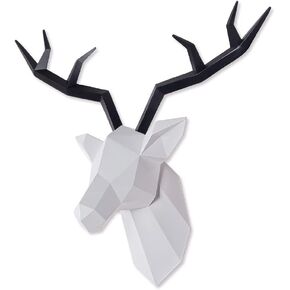 TIANCENTRAL H Deer Head Wall Decor Faux Taxidermy Resin Animal Head Wall Art Geometric White Deer Head Black Antlers for Office Bar Holiday Home Decoration