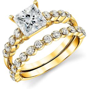 2.10Ct. Princess-Cut Moissanite Wedding Bridal Set Engagement Ring 18K Yellow Gold over Silver
