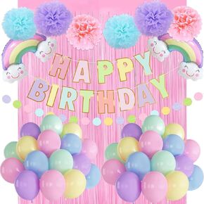 Macaron Birthday Decorations-Pastel Balloons with Happy Birthday Banner,Pink Streamers,Tissue Paper Pom Poms,Pastel Rainbow Balloons,Circle Dot Garland Decorations-Pastel Birthday Party Decorations