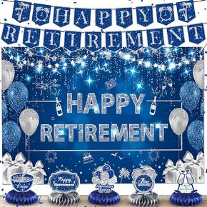 Blue Retirement Party Decorations for Men Women Navy Blue Silver Happy Retirement Banner Backdrop Retirement Honeycomb Centerpieces Table Decorations for Blue Silver Retirement Supplies Decorations