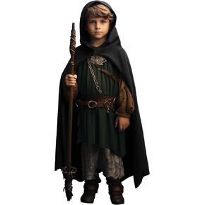 Green Renaissance Costume for Boys - Kids Medieval Cloak With Hood Halloween Ranger Wizard Elven Hooded Cape Robe