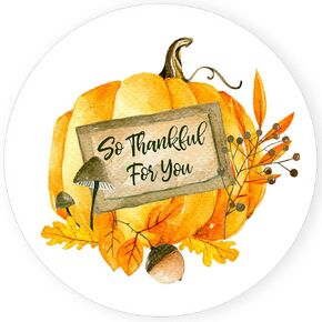 So Thankful For You Pumpkin Sticker Labels by Adore By Nat - Autumn Fall Wedding Thanksgiving Party - Set of 30