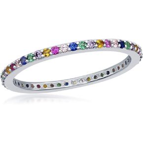 Beaux Bijoux Rainbow Simulated Diamond Eternity Ring for Women | Sterling Silver 14k Gold Plated Band Ring | CZ Cubic Zirconia Created Gemstone Ring | Fine Thin Stacking Ring