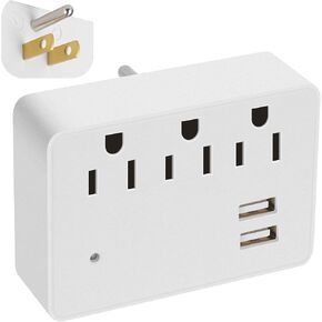 3 منافذ شريط طاقة 3 منافذ مع 2 منافذ USB، موسع متباعد لمنفذ حماية التيار الزائد، محول حائط مؤرض متعدد منافذ التوصيل، قابس مستقطب، صنبور مخرج، مدرج ETL، 125 فولت، 15 أمبير، بحد أقصى 1875 وات، أبيض in Kuwait