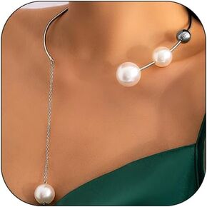 Metal Pearl Open Choker Necklace for Women Adjustable Gold Pearl Necklaces Round Open Cuff Necklace Chunky Pearl Necklace for Women Girls