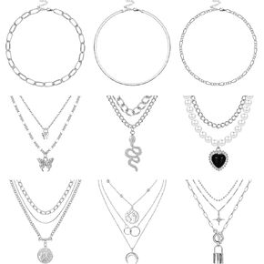 Sanfenly 9 قطع ذهبية الطبقات سلسلة قلادة مجموعة متعددة الطبقات قفل عملة فراشة ثعبان القمر القلب قلادة قلادة مكتنزة ربط قلادة قلادة للنساء في سن المراهقة الفتيات المجوهرات in Kuwait