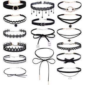 Choker Set, 16 PCS Womens Black Velvet Choker Necklace Set Classic Gothic Tattoo Lace Chokers
